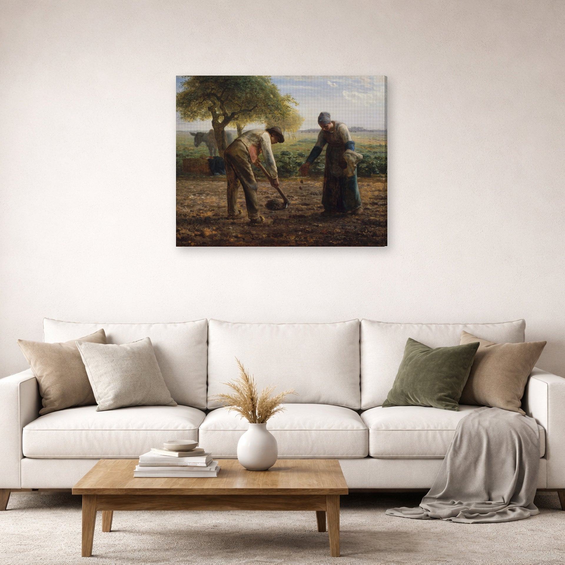 Gallery-wrapped canvas print of Jean-Francois Millet's Potato Planters displayed on a wall in a living room