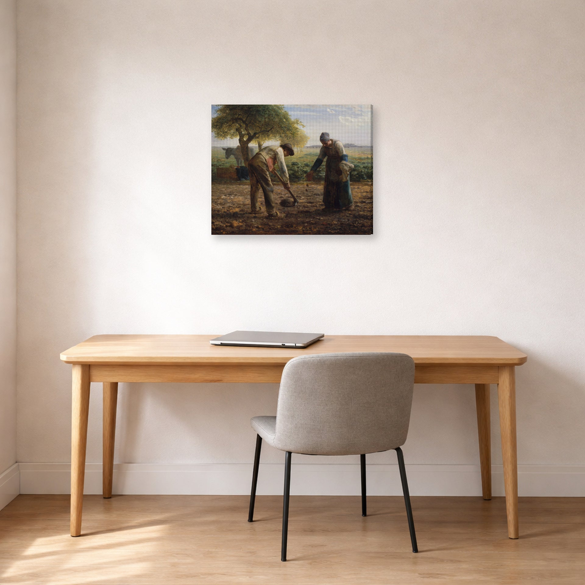 Gallery-wrapped canvas print of Jean-Francois Millet's Potato Planters displayed on a wall in a office