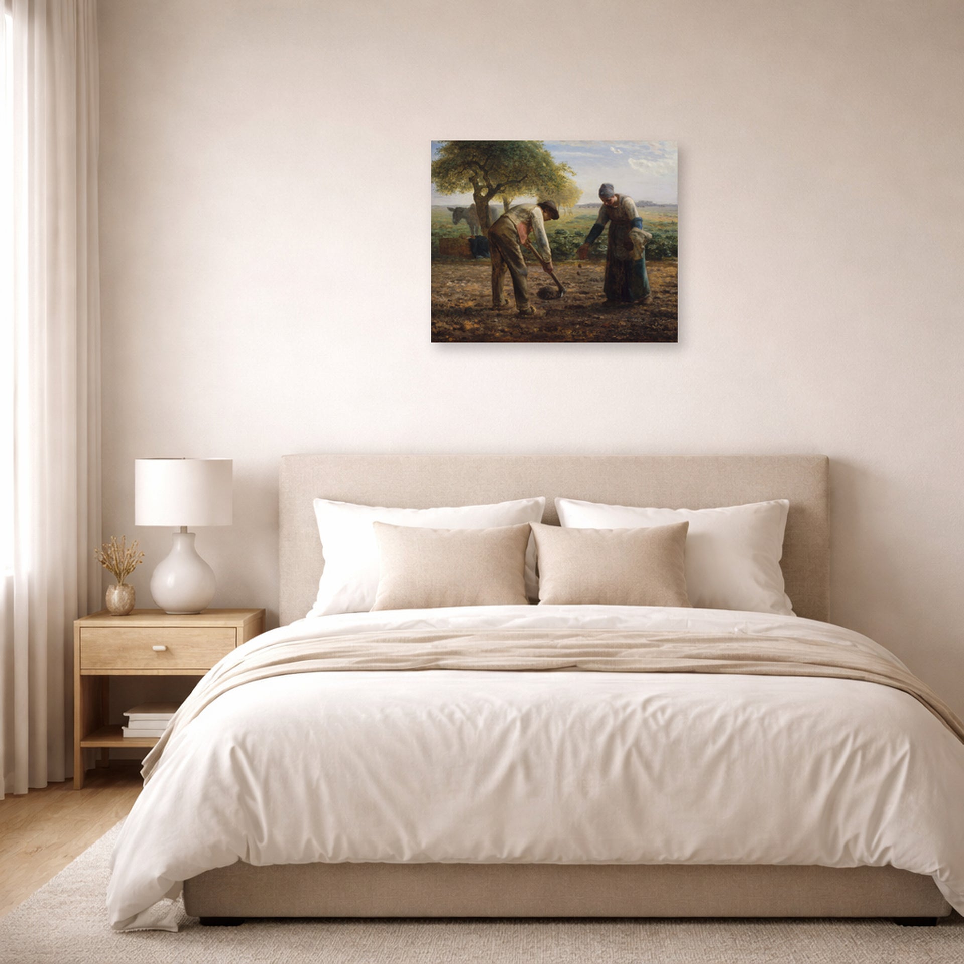 Unframed poster print of Jean-Francois Millet's Potato Planters displayed on a wall in a bedroom