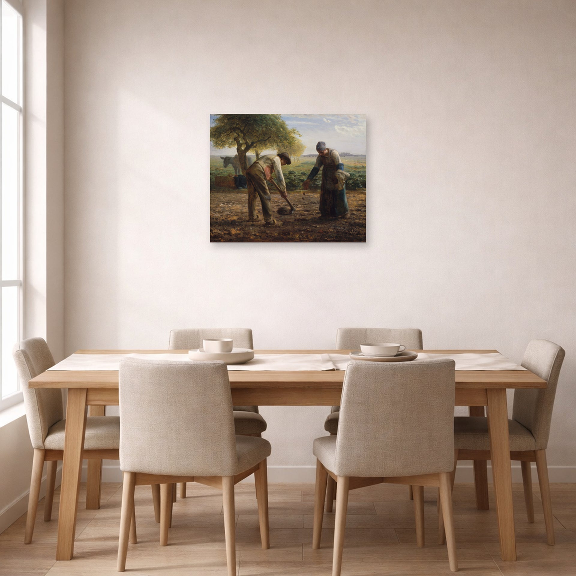 Unframed poster print of Jean-Francois Millet's Potato Planters displayed on a wall in a dining
