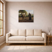 Unframed poster print of Jean-Francois Millet's Potato Planters displayed on a wall in a living room