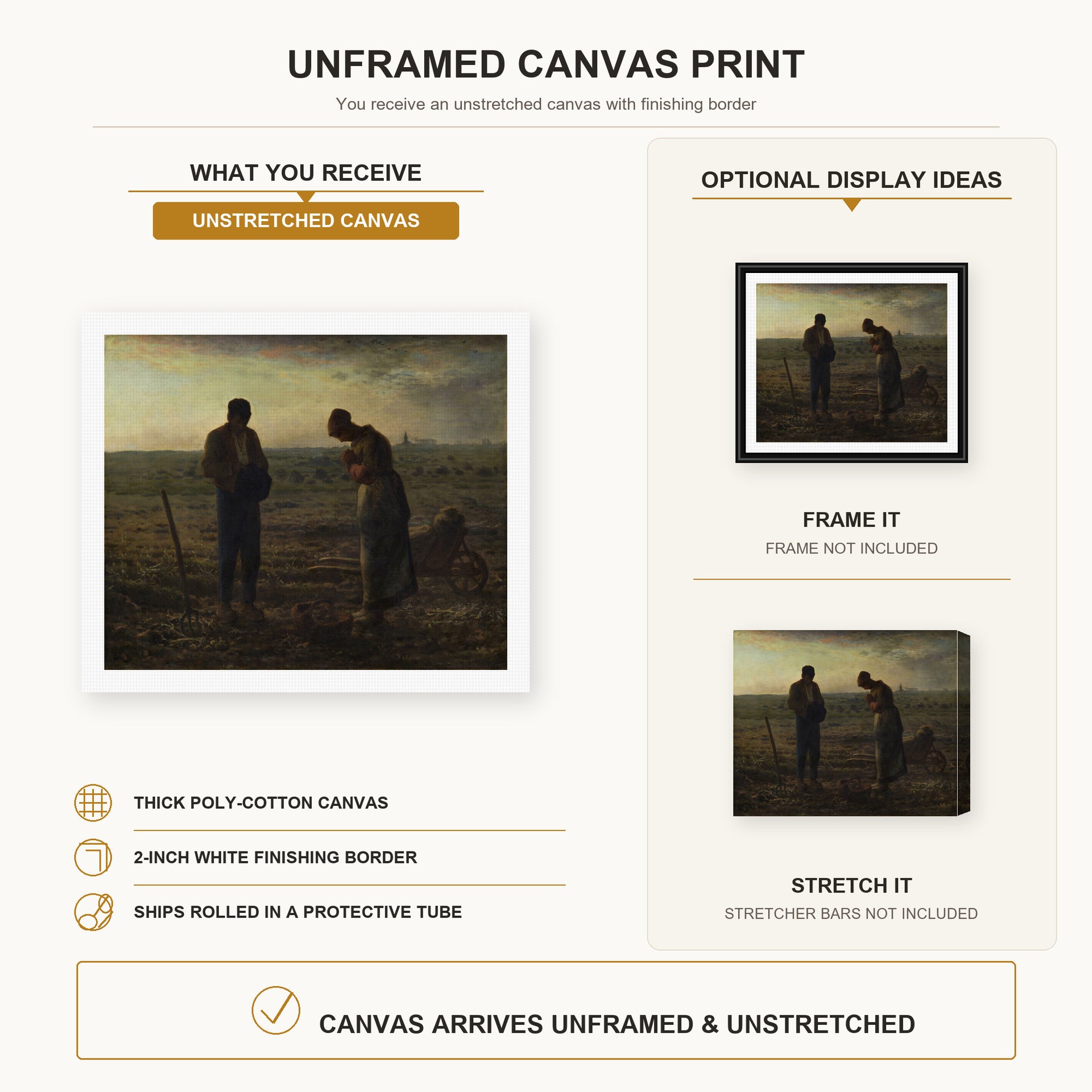 Jean-Francois Millet - The Angelus canvas print size comparison and framing display infographic