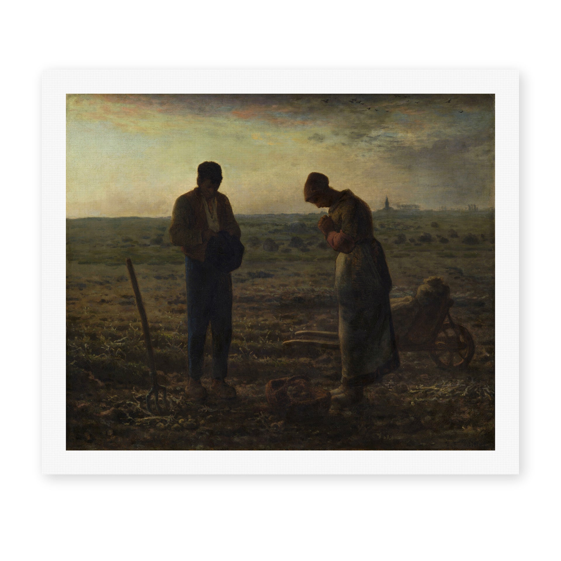 Jean-Francois Millet's 'The Angelus', depicting two peasants pausing to pray in a field at dusk, reproduced as a rolled canvas print