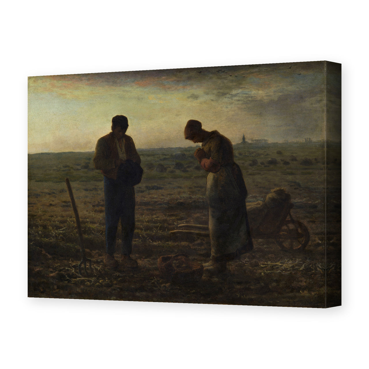 Jean-Francois Millet's 'The Angelus', depicting two peasants pausing to pray in a field at dusk, reproduced as a gallery-wrapped canvas print