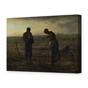 Jean-Francois Millet's 'The Angelus', depicting two peasants pausing to pray in a field at dusk, reproduced as a gallery-wrapped canvas print