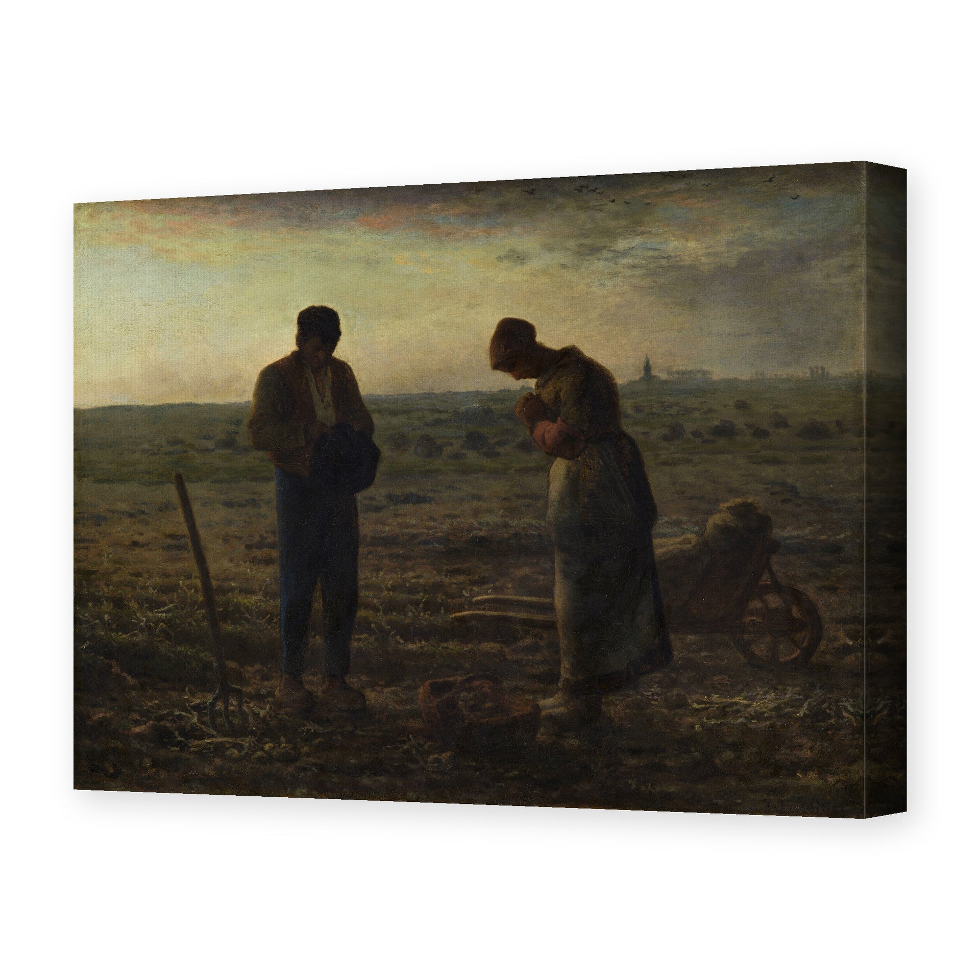 Jean-Francois Millet's 'The Angelus', depicting two peasants pausing to pray in a field at dusk, reproduced as a gallery-wrapped canvas print