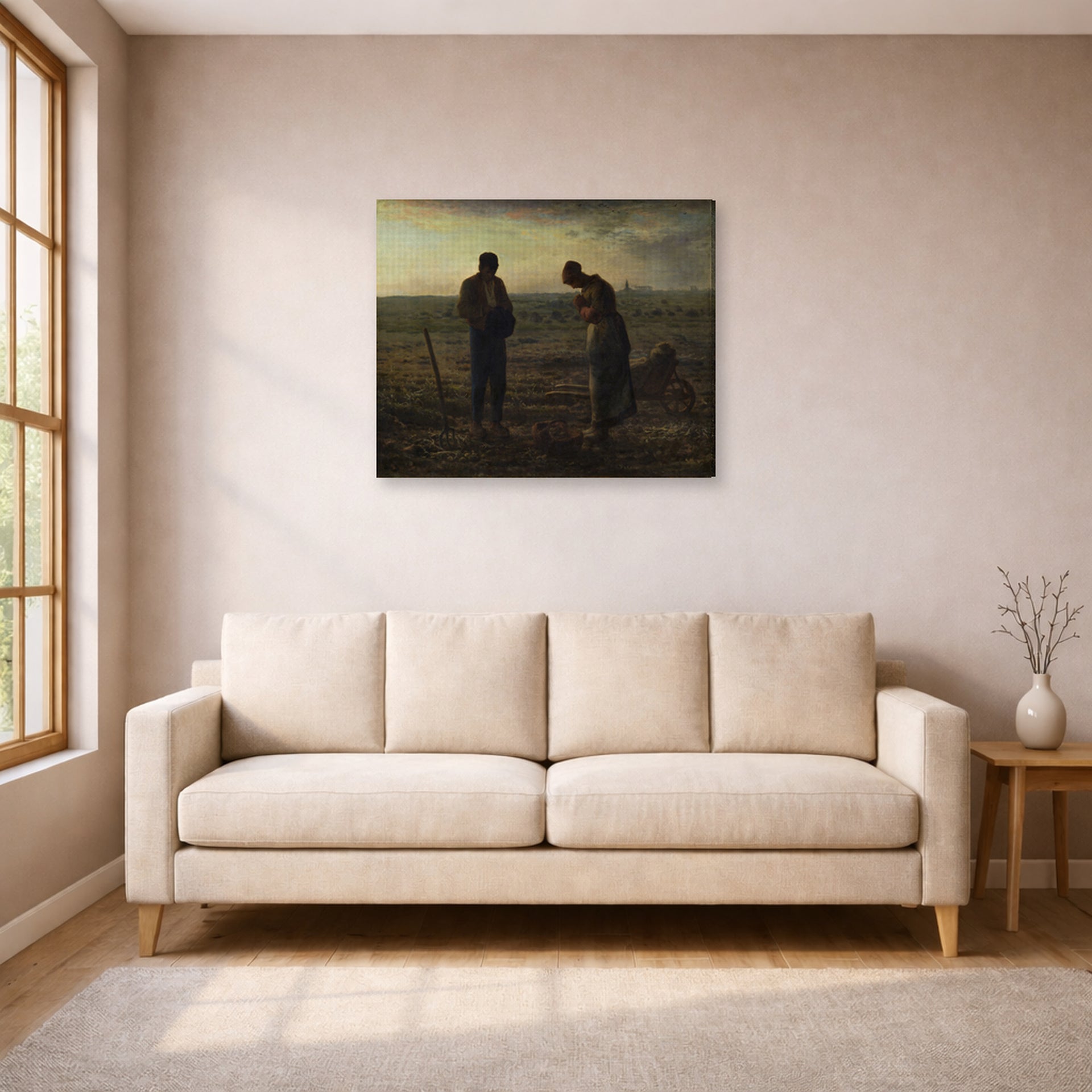 Gallery-wrapped canvas print of Jean-Francois Millet's The Angelus displayed on a wall in a living room