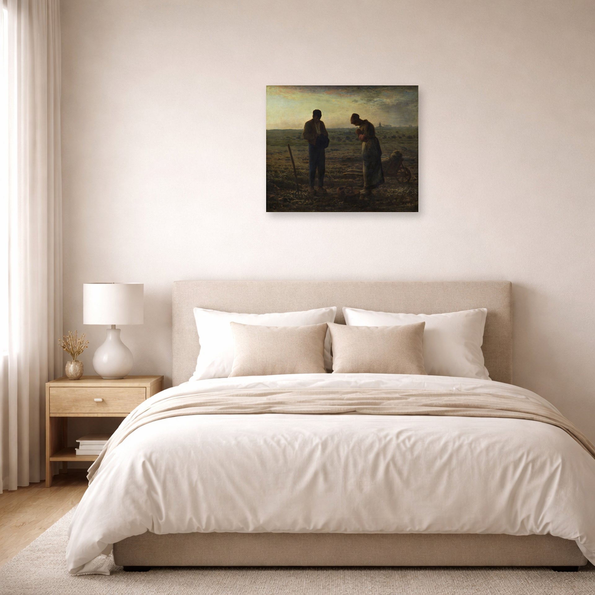 Unframed poster print of Jean-Francois Millet's The Angelus displayed on a wall in a bedroom