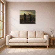 Unframed poster print of Jean-Francois Millet's The Angelus displayed on a wall in a living room
