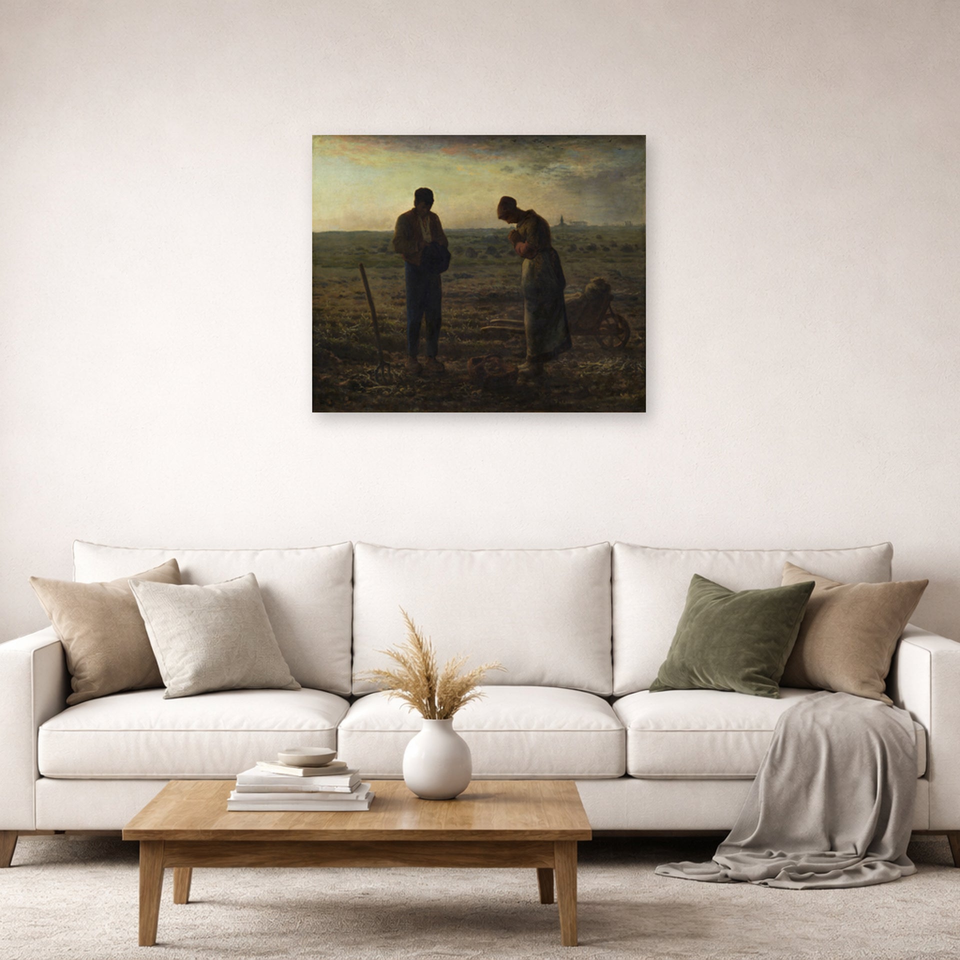 Unframed poster print of Jean-Francois Millet's The Angelus displayed on a wall in a living room