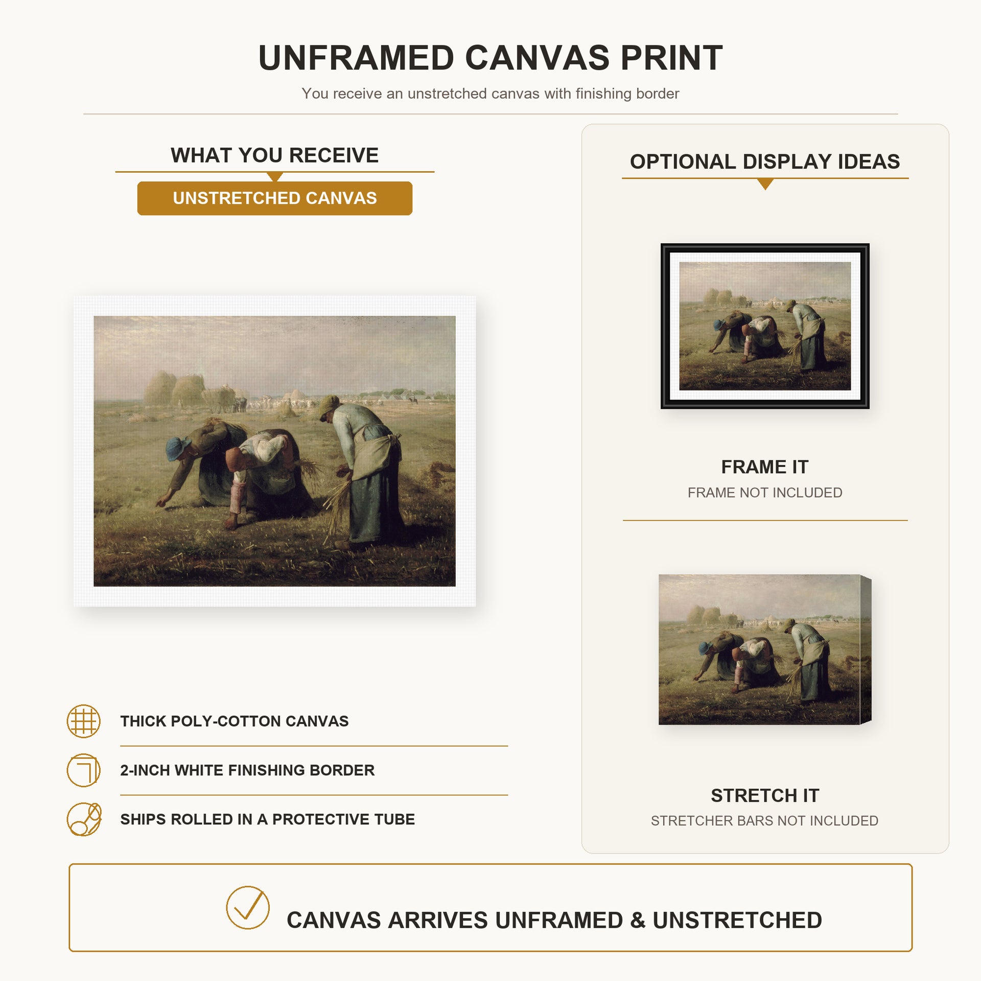 Jean-Francois Millet - The Gleaners canvas print size comparison and framing display infographic