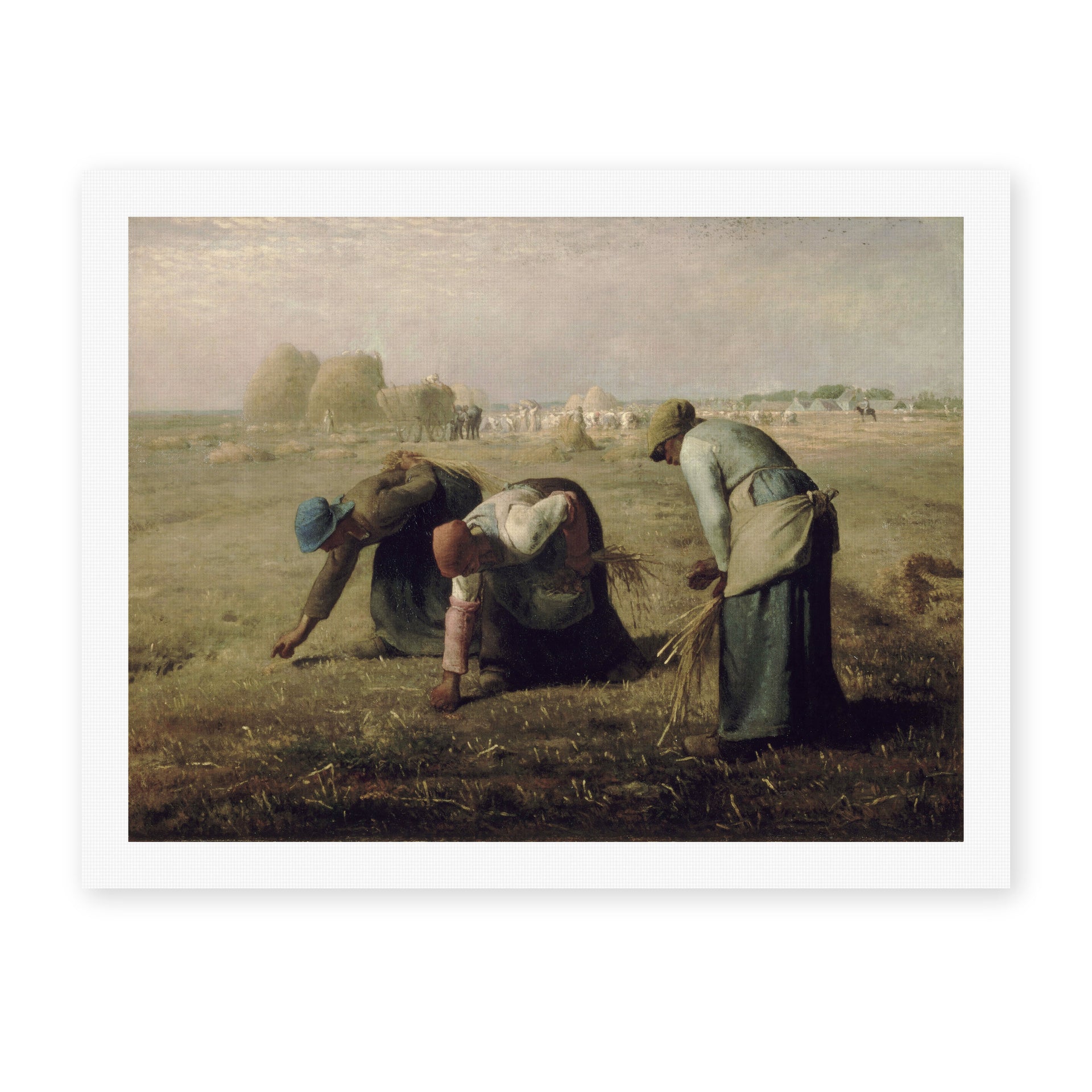 Jean-Francois Millet's 'The Gleaners', depicting three peasant women gathering leftover grain in a field, reproduced as a rolled canvas print