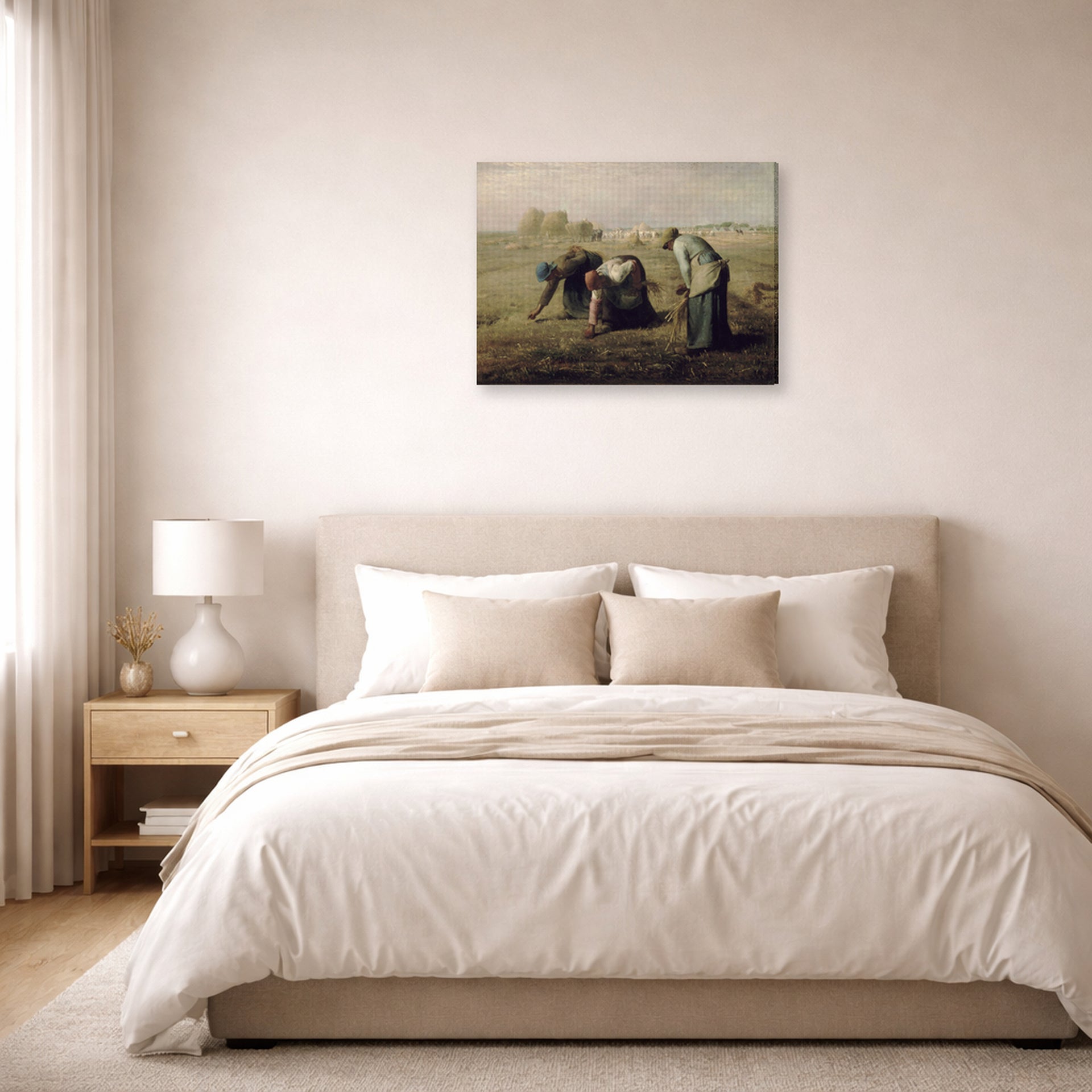 Gallery-wrapped canvas print of Jean-Francois Millet's The Gleaners displayed on a wall in a bedroom