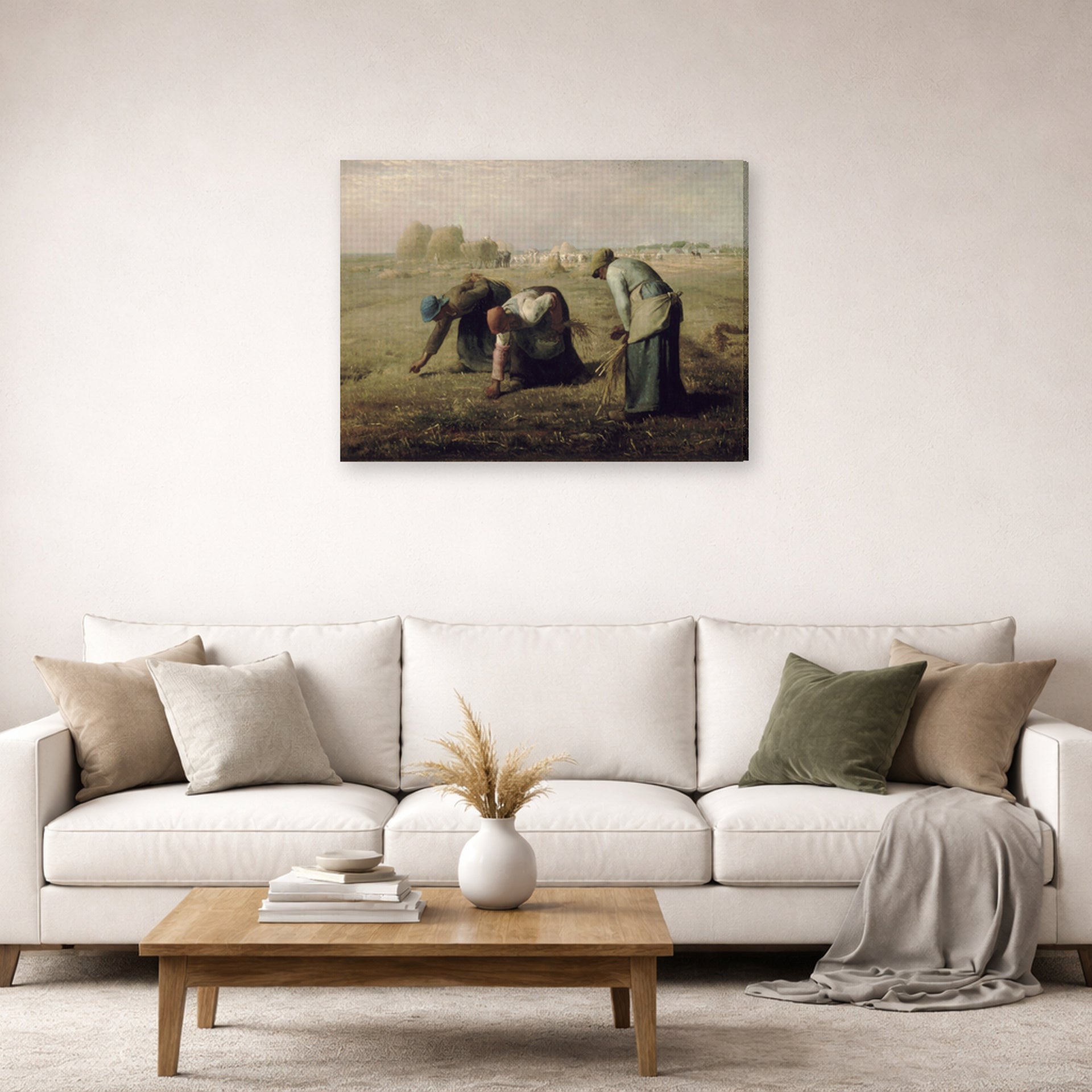 Gallery-wrapped canvas print of Jean-Francois Millet's The Gleaners displayed on a wall in a living room