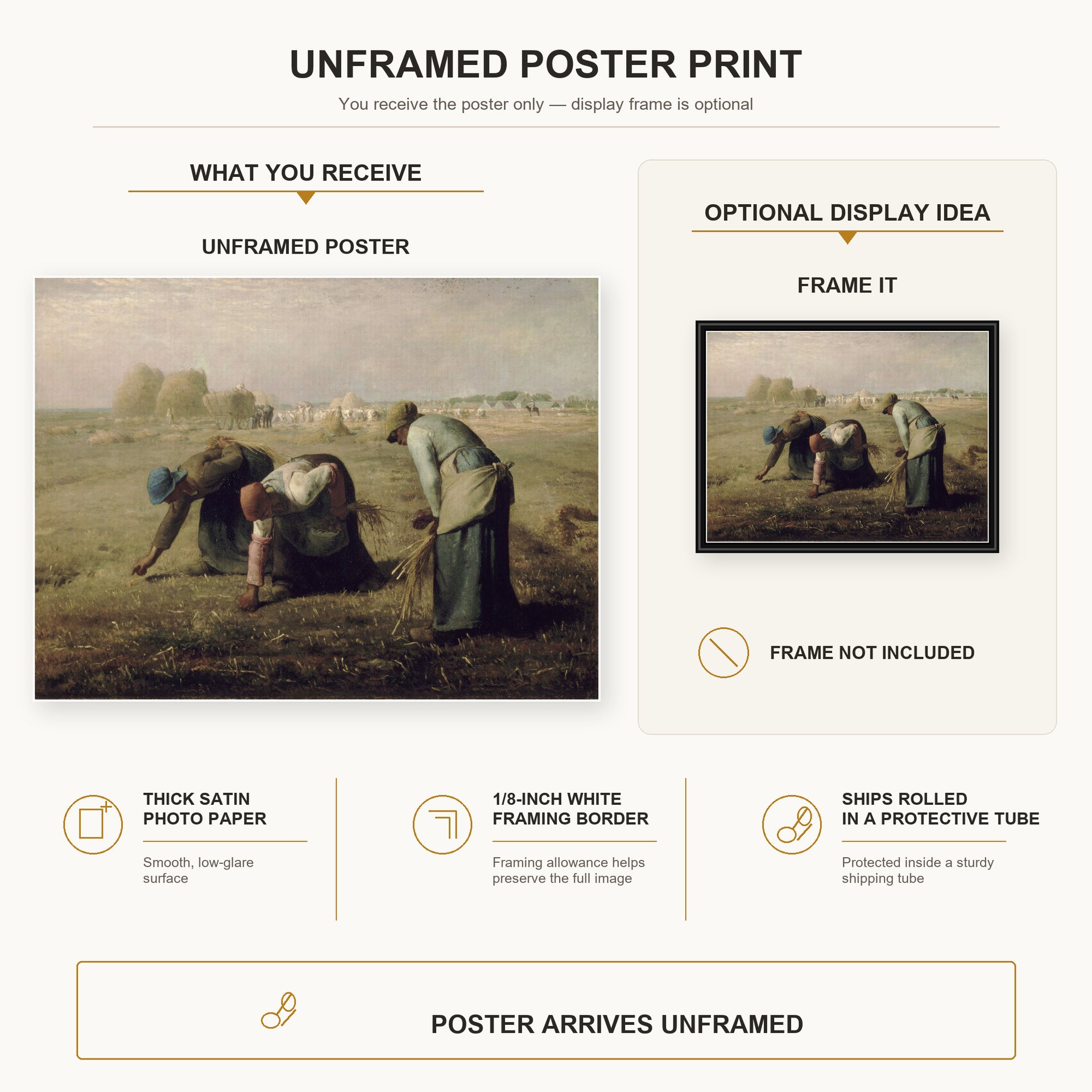 Jean-Francois Millet - The Gleaners poster print size comparison and framing display infographic