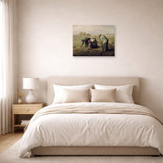 Unframed poster print of Jean-Francois Millet's The Gleaners displayed on a wall in a bedroom