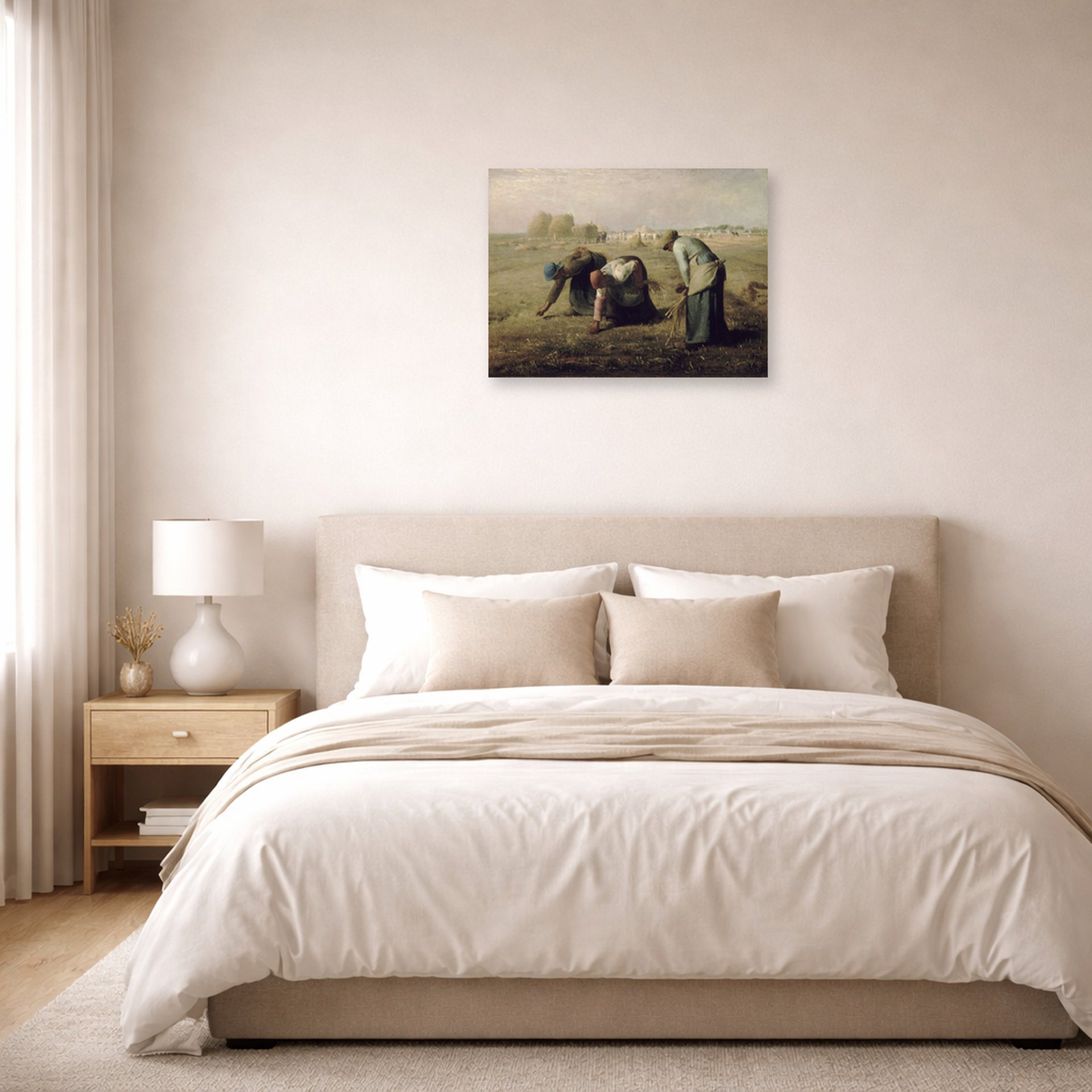 Unframed poster print of Jean-Francois Millet's The Gleaners displayed on a wall in a bedroom