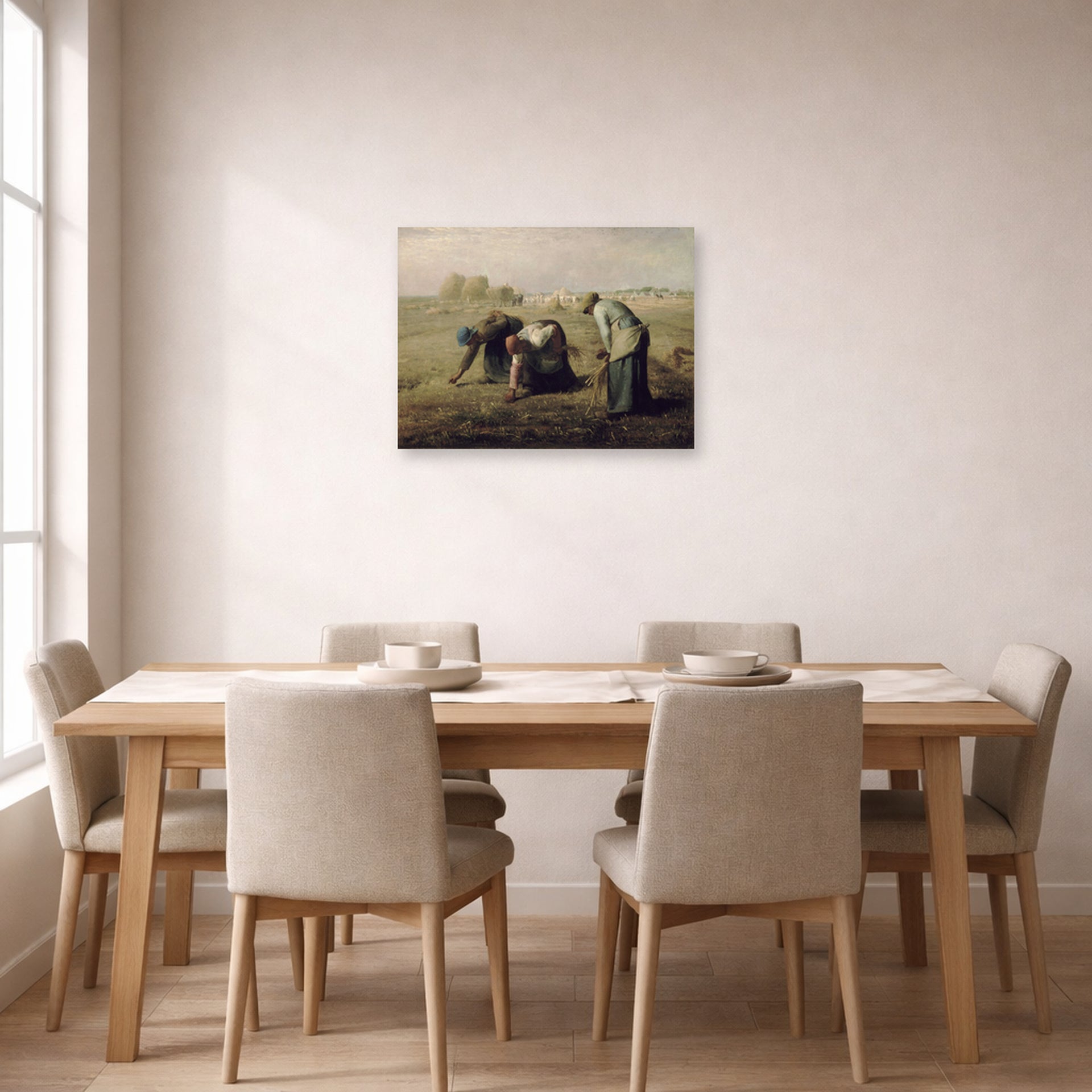 Unframed poster print of Jean-Francois Millet's The Gleaners displayed on a wall in a dining