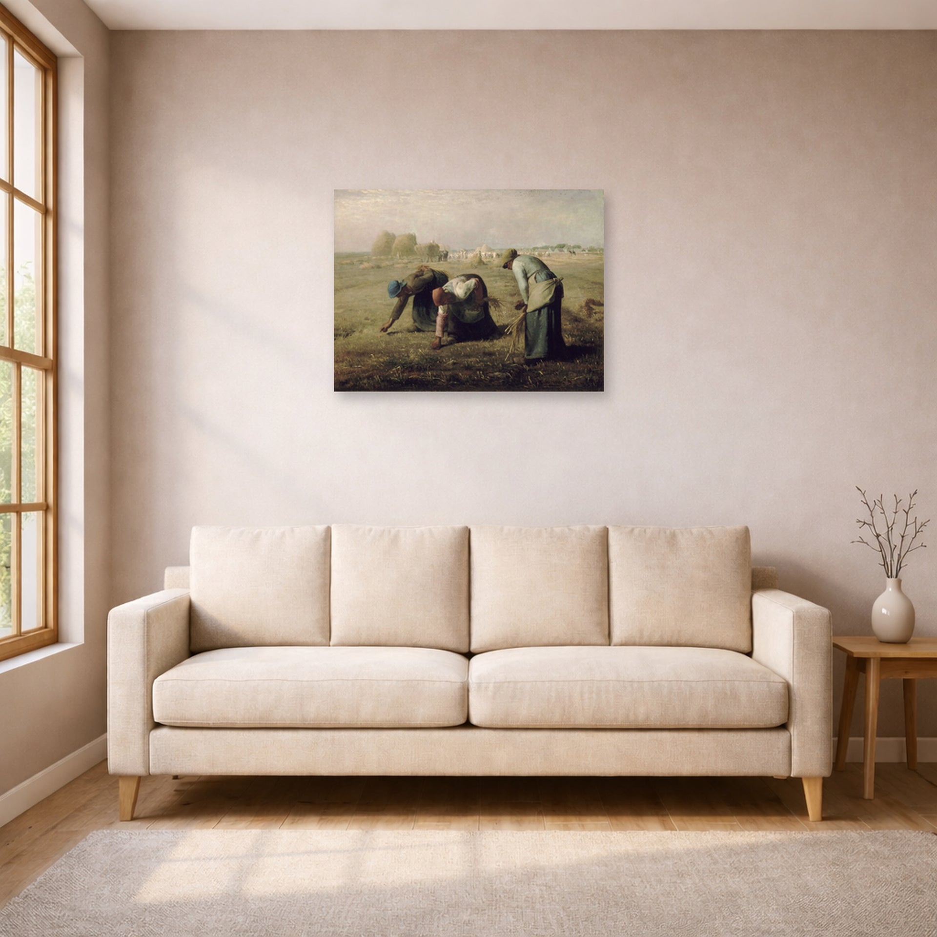 Unframed poster print of Jean-Francois Millet's The Gleaners displayed on a wall in a living room