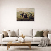 Unframed poster print of Jean-Francois Millet's The Gleaners displayed on a wall in a living room