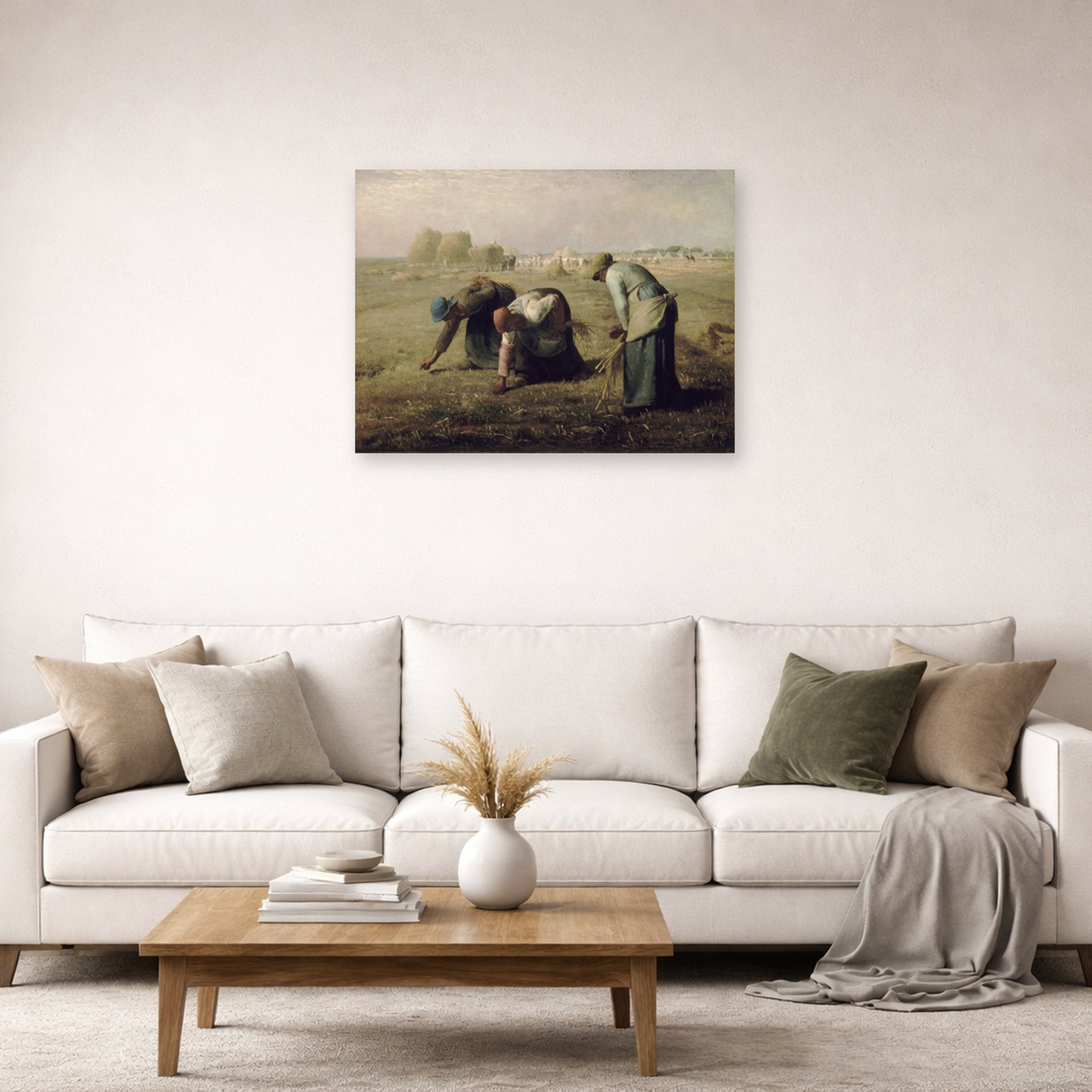 Unframed poster print of Jean-Francois Millet's The Gleaners displayed on a wall in a living room