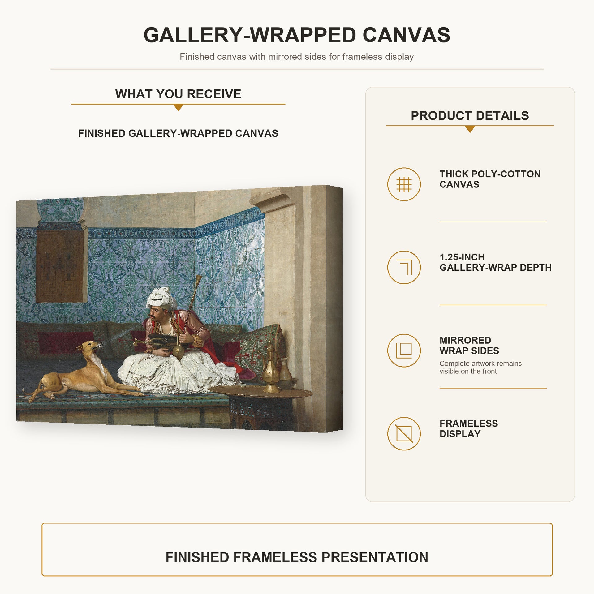 Jean-Leon Gerome - Arnaut Blowing Smoke in His Dog's Nose - gallery wrap product details infographic