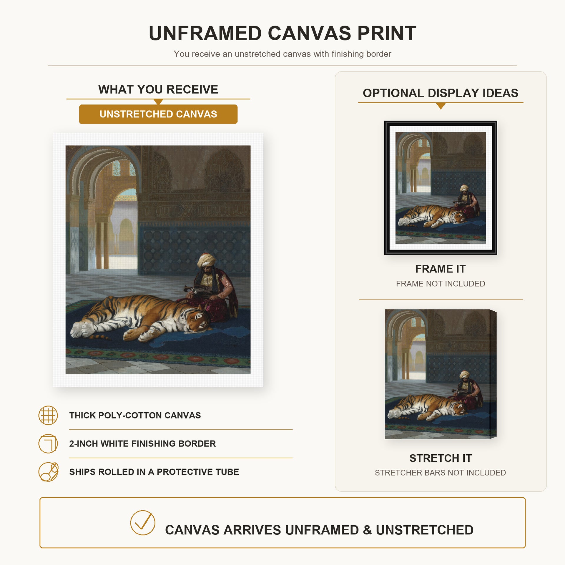 Jean-Leon Gerome - Le Tigre Et Le Gardien - canvas print combined product and display infographic frame and bars not included