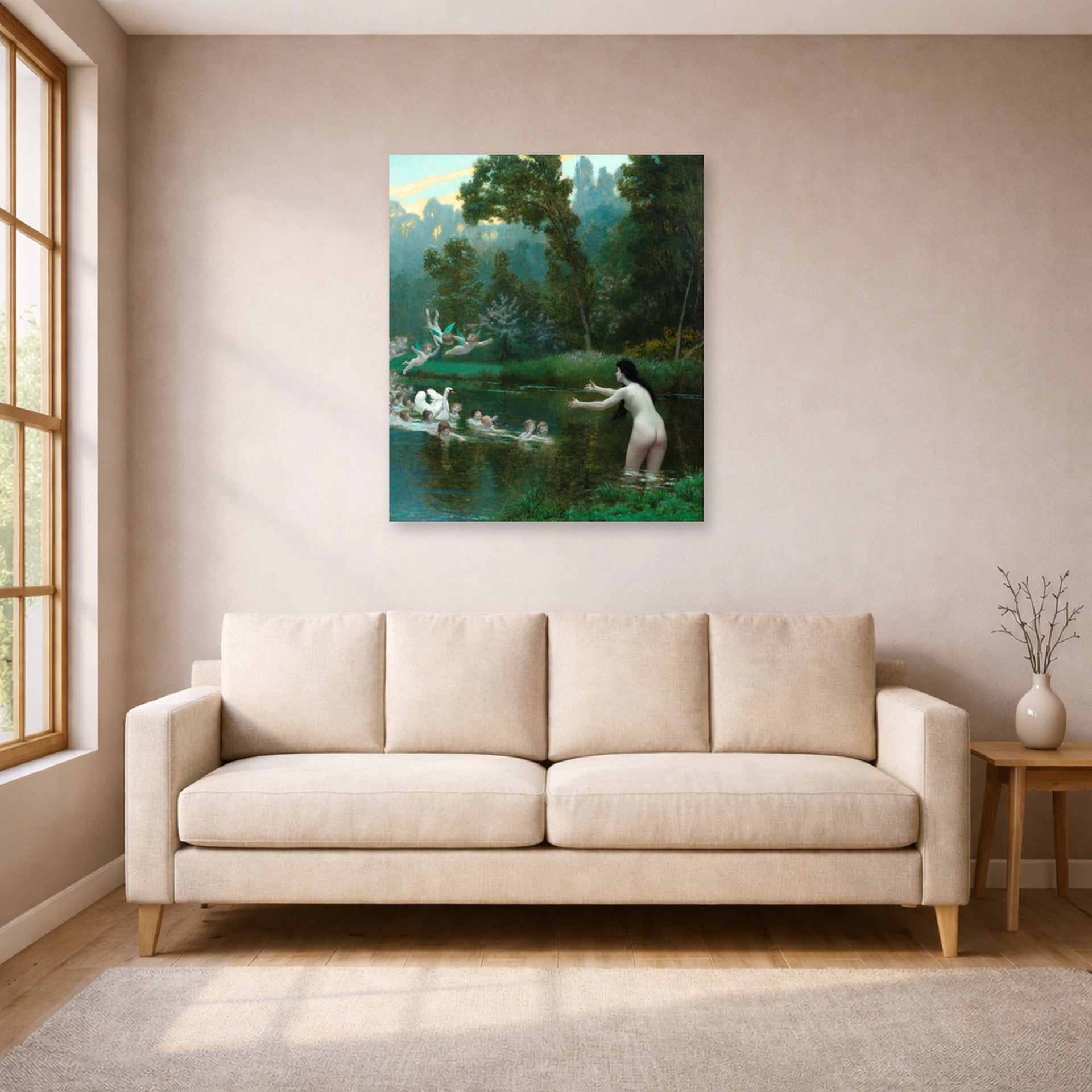 Jean-Leon Gerome - Leda and the Swan - poster print lifestyle living room 1 unframed