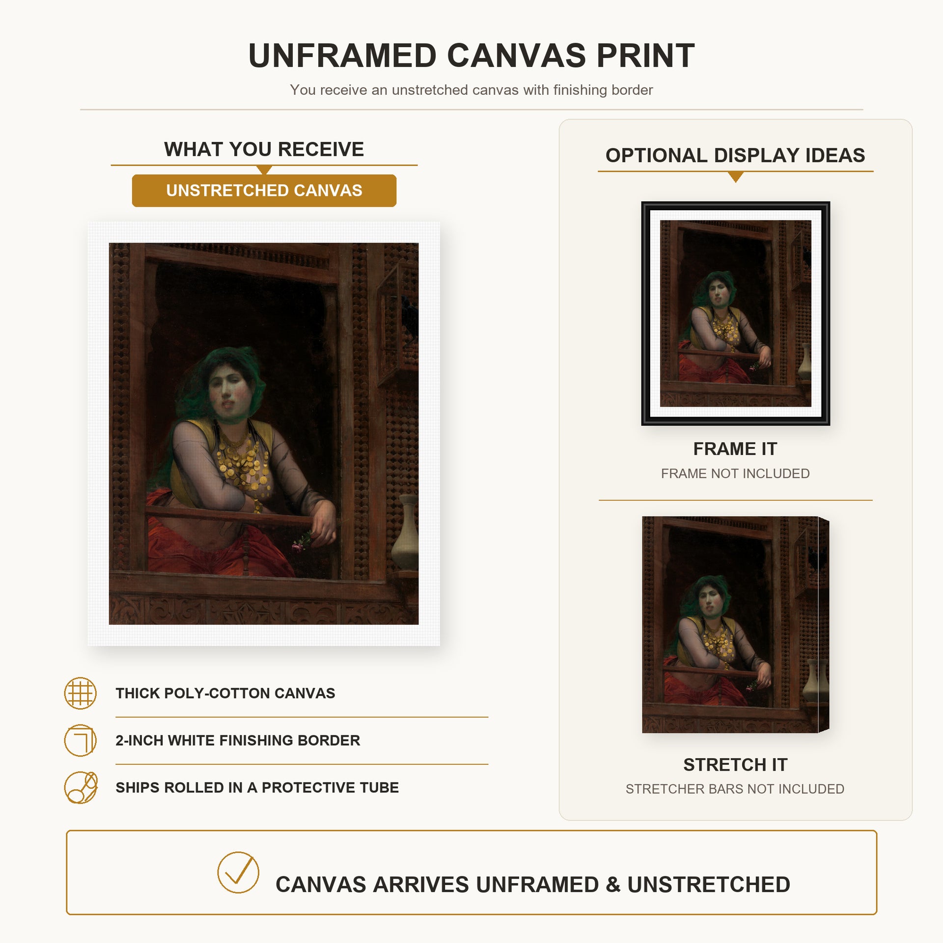 Jean-Leon Gerome - Woman at a Balcony - canvas print combined product and display infographic frame and bars not included