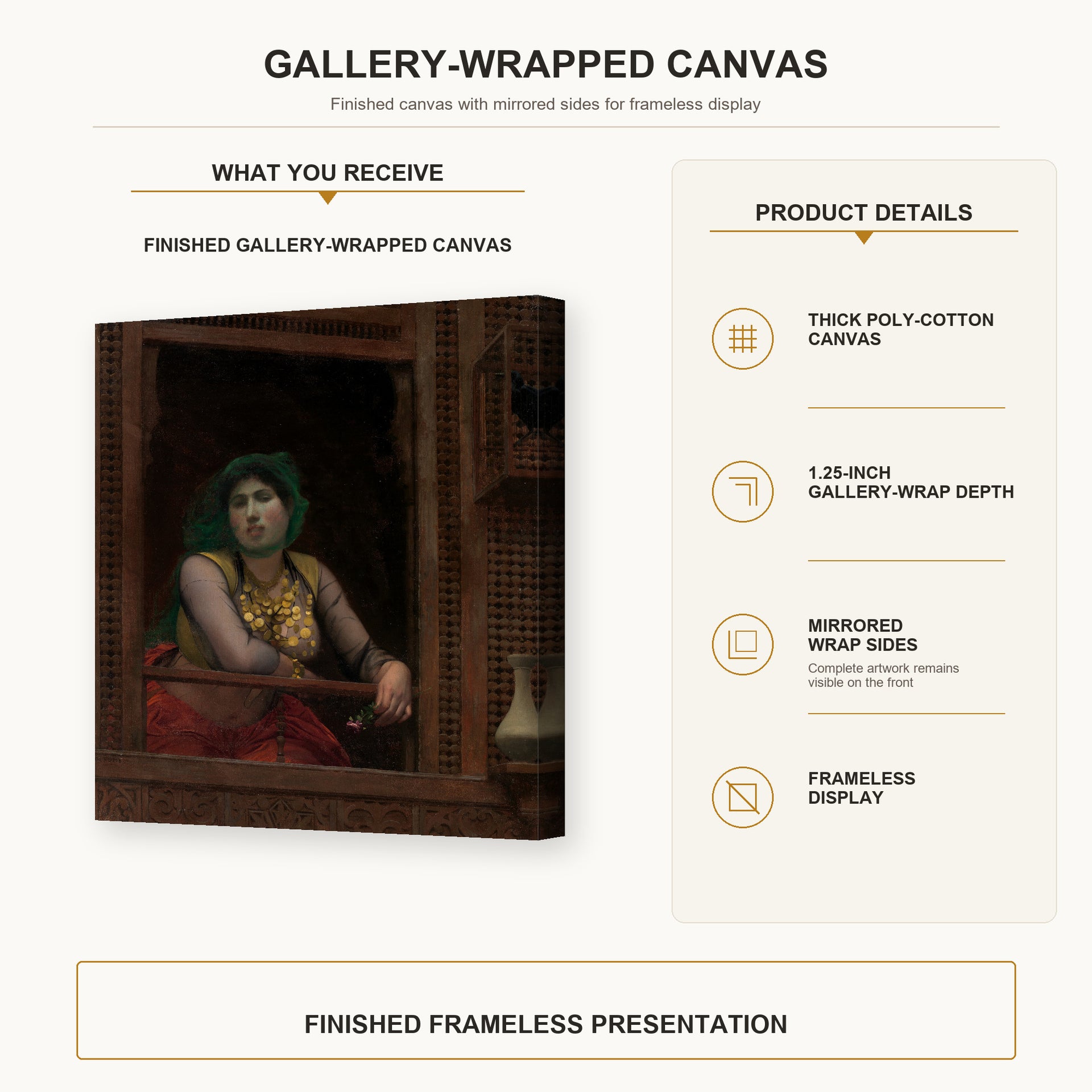Jean-Leon Gerome - Woman at a Balcony - gallery wrap product details infographic