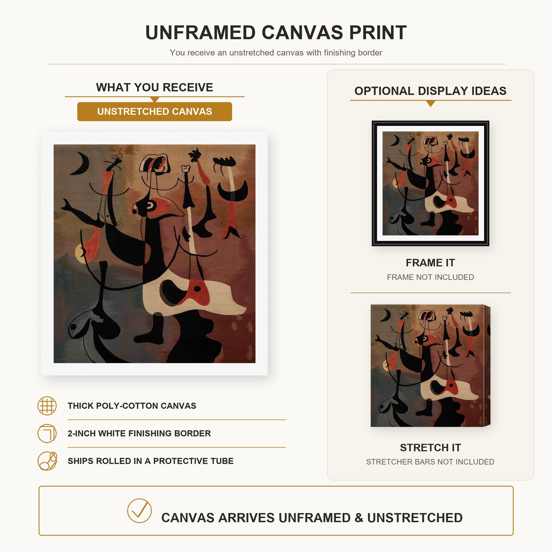 Joan Miró - An Aubusson Tapestry, Personnages Rythmiques canvas print size comparison and framing display infographic