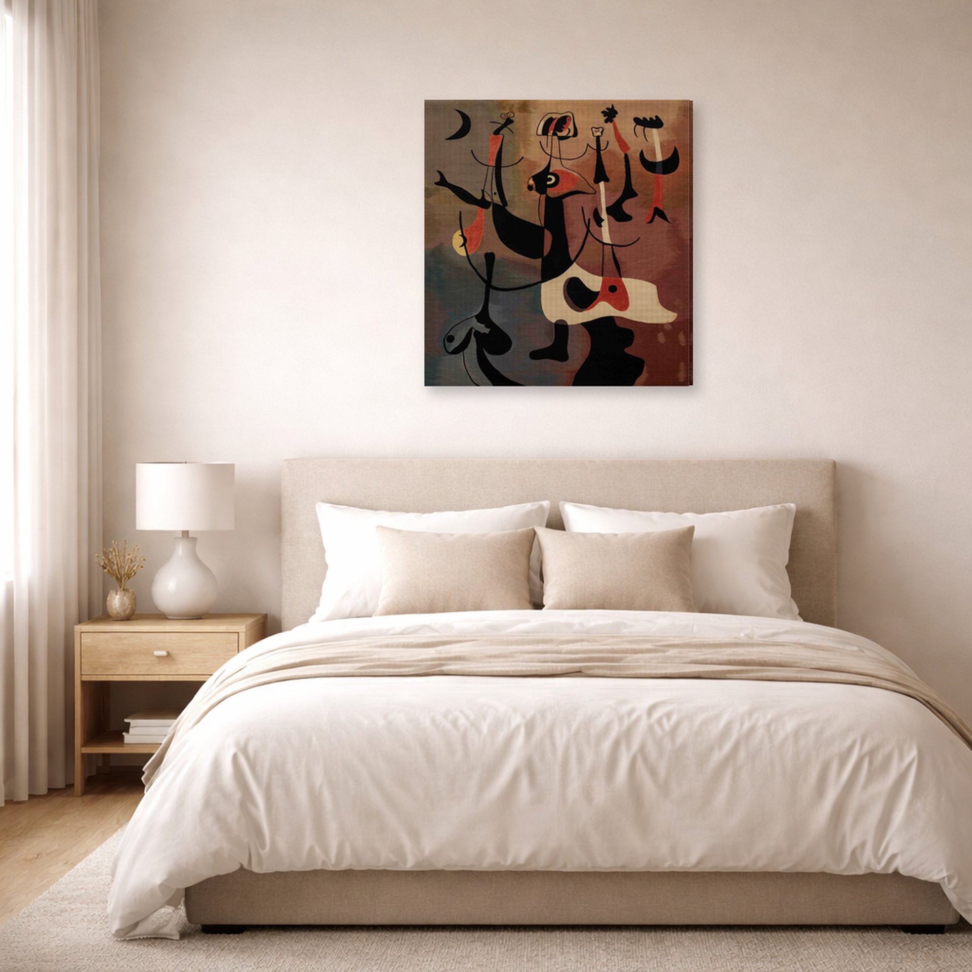 Gallery-wrapped canvas print of Joan Miró's 'An Aubusson Tapestry, Personnages Rythmiques' displayed on a wall in a bedroom