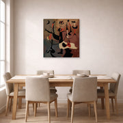 Gallery-wrapped canvas print of Joan Miró's 'An Aubusson Tapestry, Personnages Rythmiques' displayed on a wall in a dining room