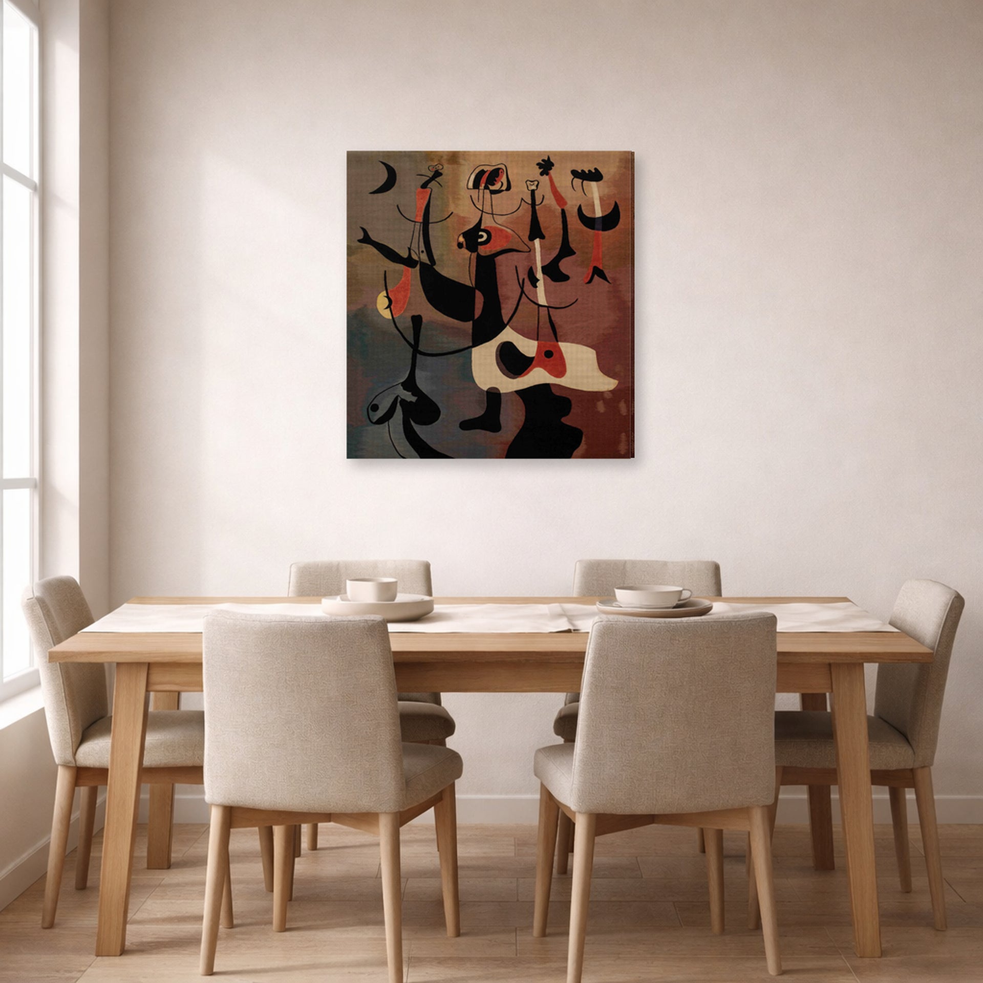 Gallery-wrapped canvas print of Joan Miró's 'An Aubusson Tapestry, Personnages Rythmiques' displayed on a wall in a dining room