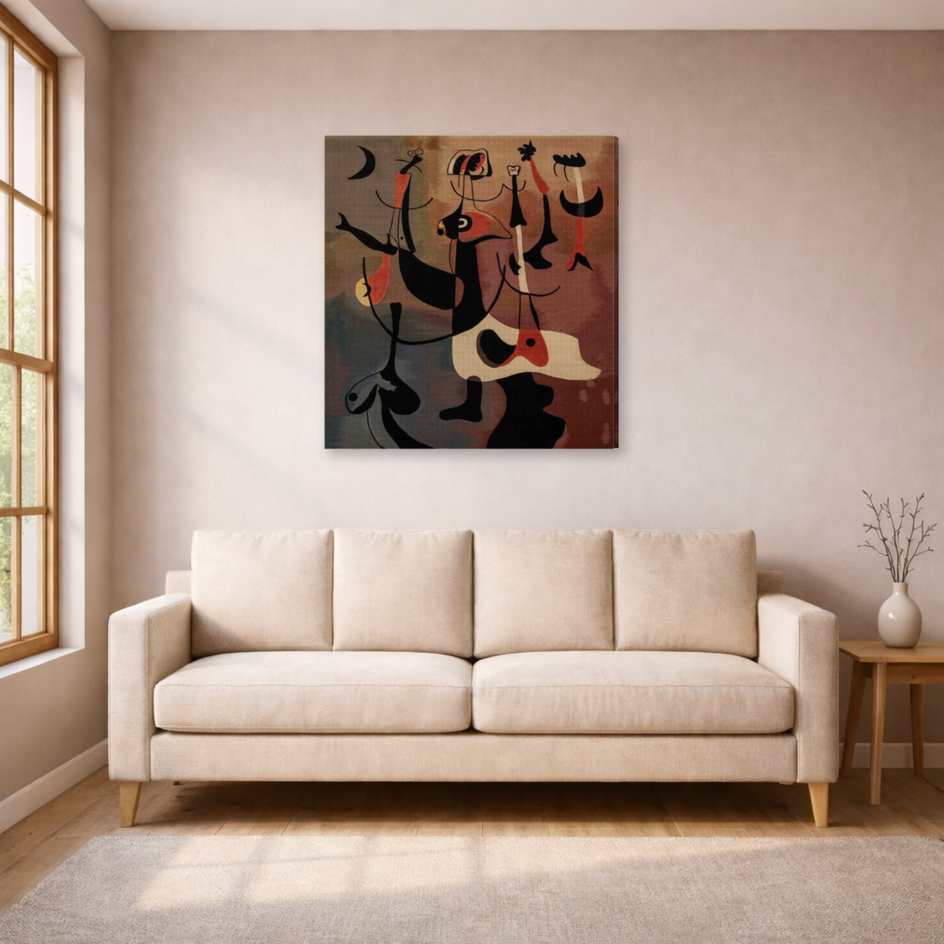 Gallery-wrapped canvas print of Joan Miró's 'An Aubusson Tapestry, Personnages Rythmiques' displayed on a wall in a living room