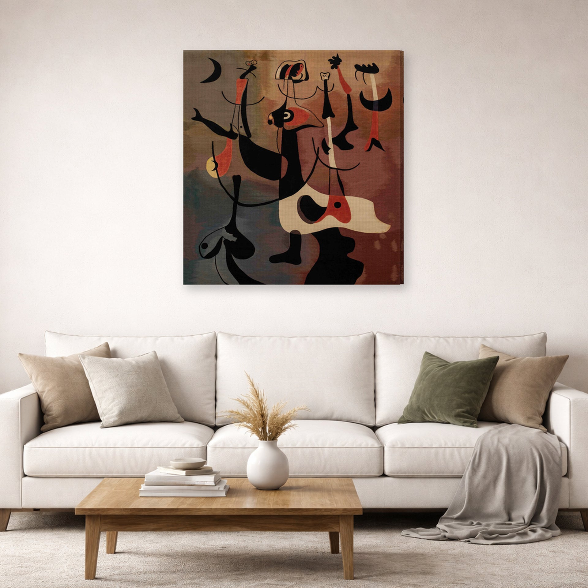 Gallery-wrapped canvas print of Joan Miró's 'An Aubusson Tapestry, Personnages Rythmiques' displayed on a wall in a living room