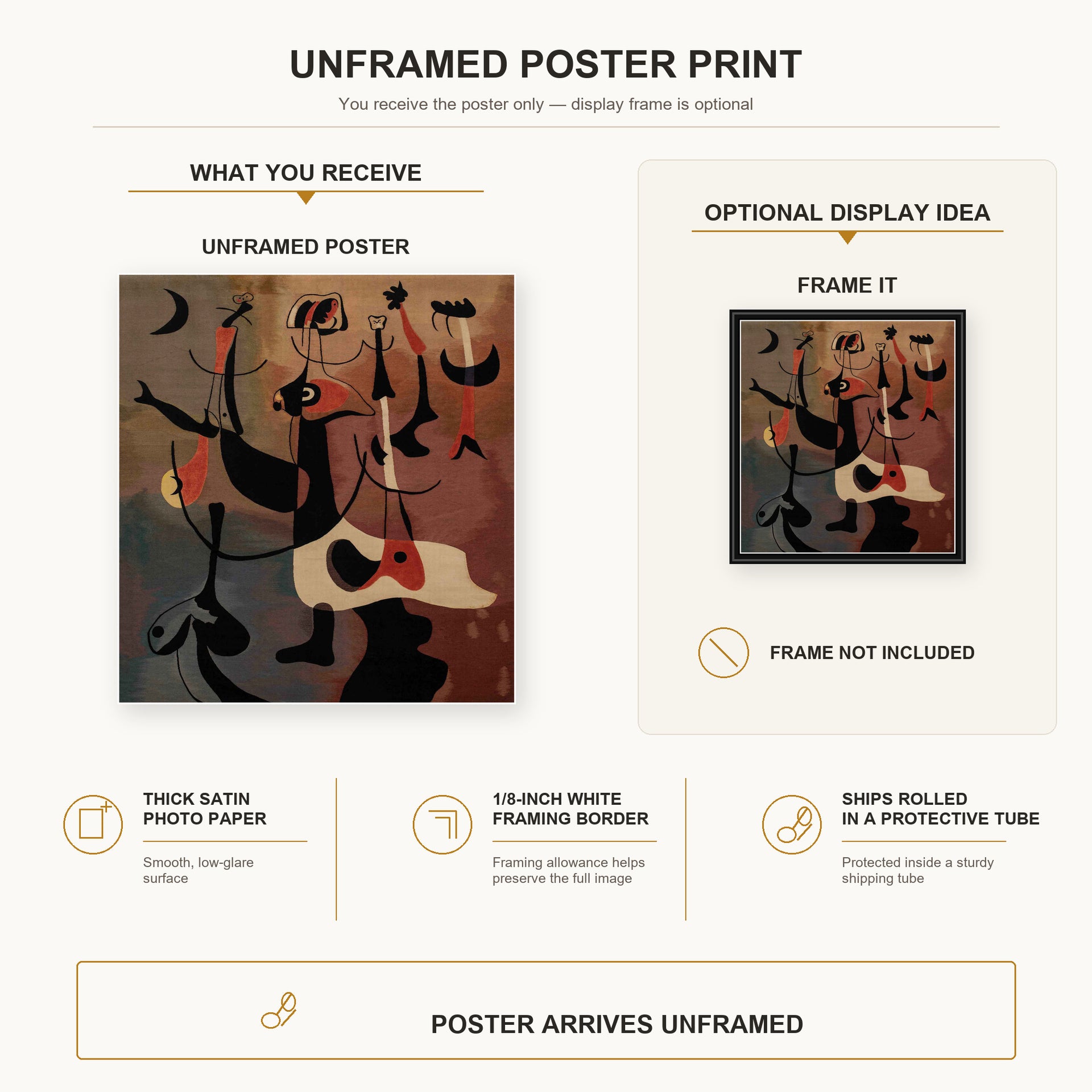 Joan Miró - An Aubusson Tapestry, Personnages Rythmiques poster print size comparison and framing display infographic