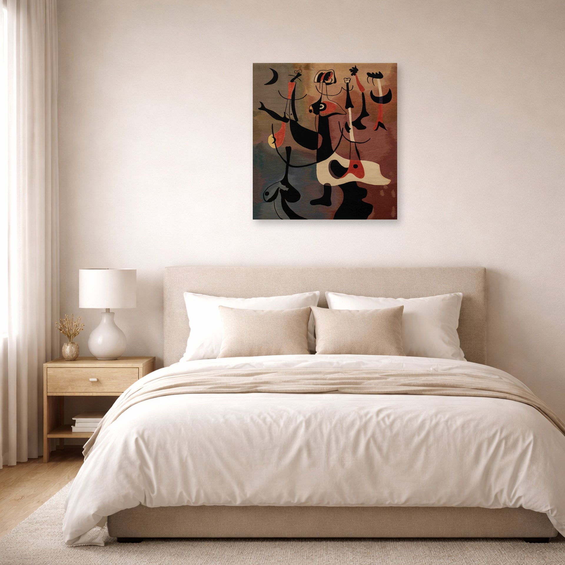 Unframed poster print of Joan Miró's 'An Aubusson Tapestry, Personnages Rythmiques' displayed on a wall in a bedroom