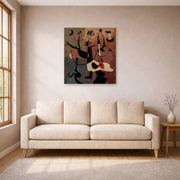 Unframed poster print of Joan Miró's 'An Aubusson Tapestry, Personnages Rythmiques' displayed on a wall in a living room