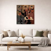 Unframed poster print of Joan Miró's 'An Aubusson Tapestry, Personnages Rythmiques' displayed on a wall in a living room