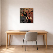 Unframed poster print of Joan Miró's 'An Aubusson Tapestry, Personnages Rythmiques' displayed on a wall in a office