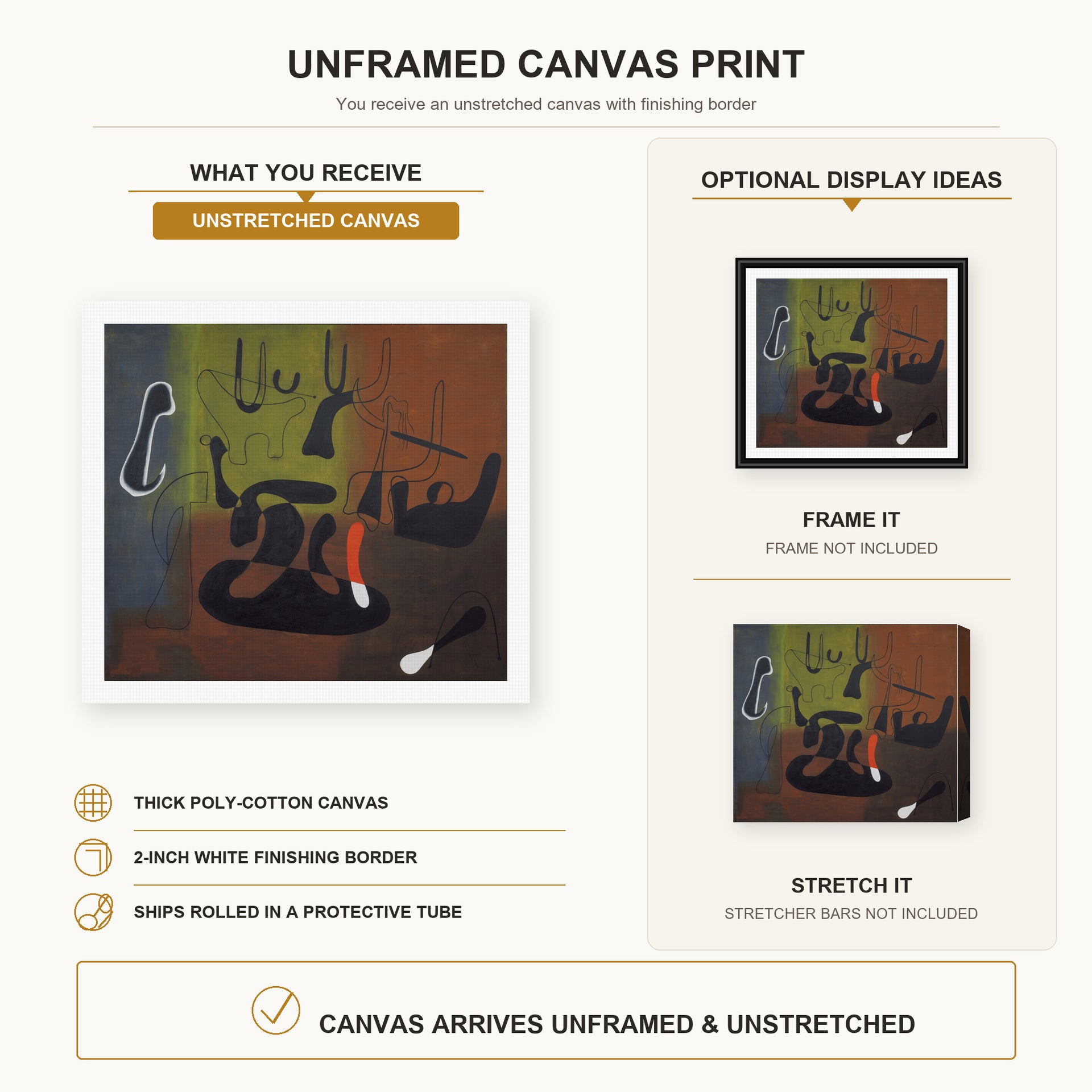 Joan Miró - Barcelona canvas print size comparison and framing display infographic