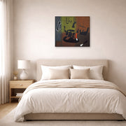 Gallery-wrapped canvas print of Joan Miró's 'Barcelona' displayed on a wall in a bedroom