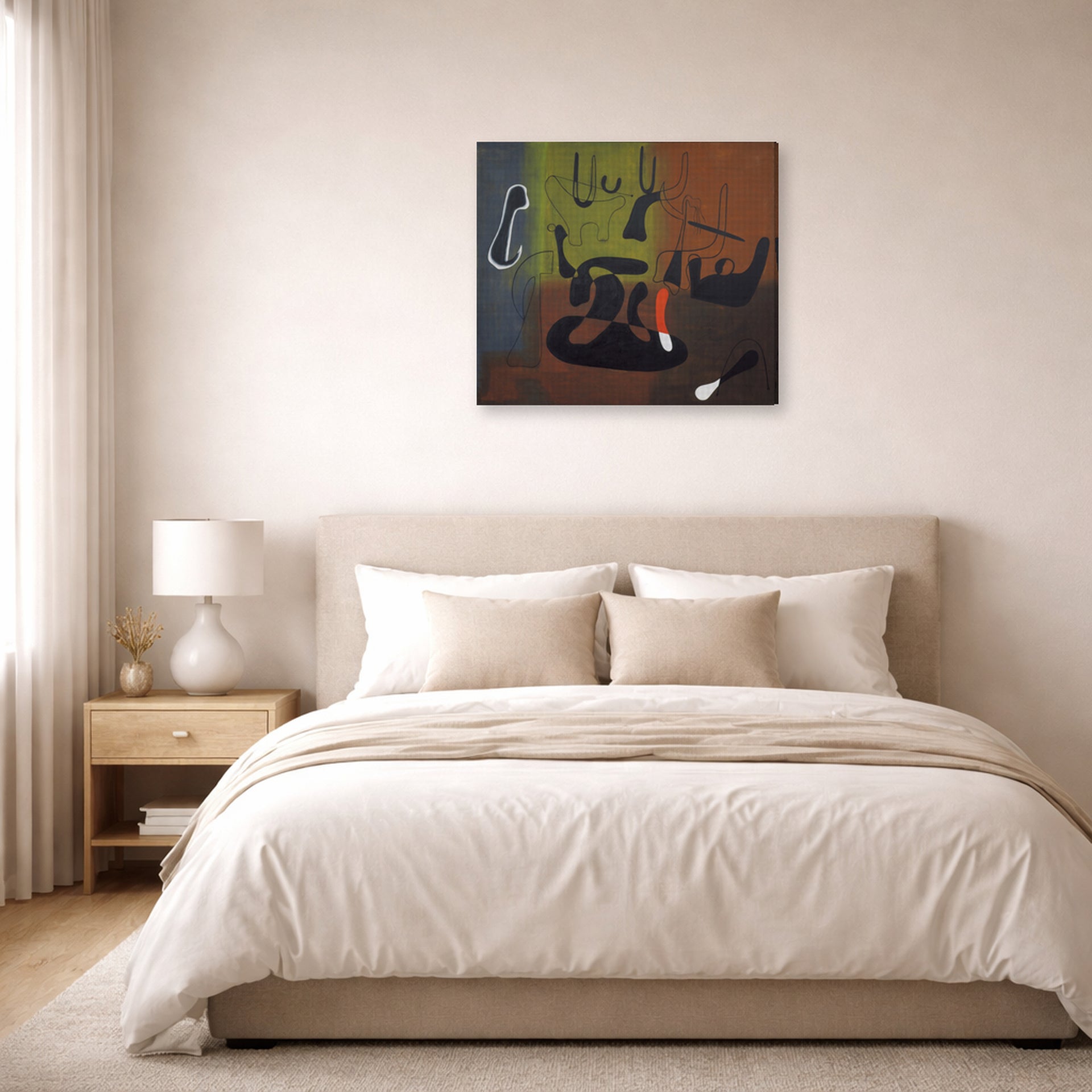 Gallery-wrapped canvas print of Joan Miró's 'Barcelona' displayed on a wall in a bedroom