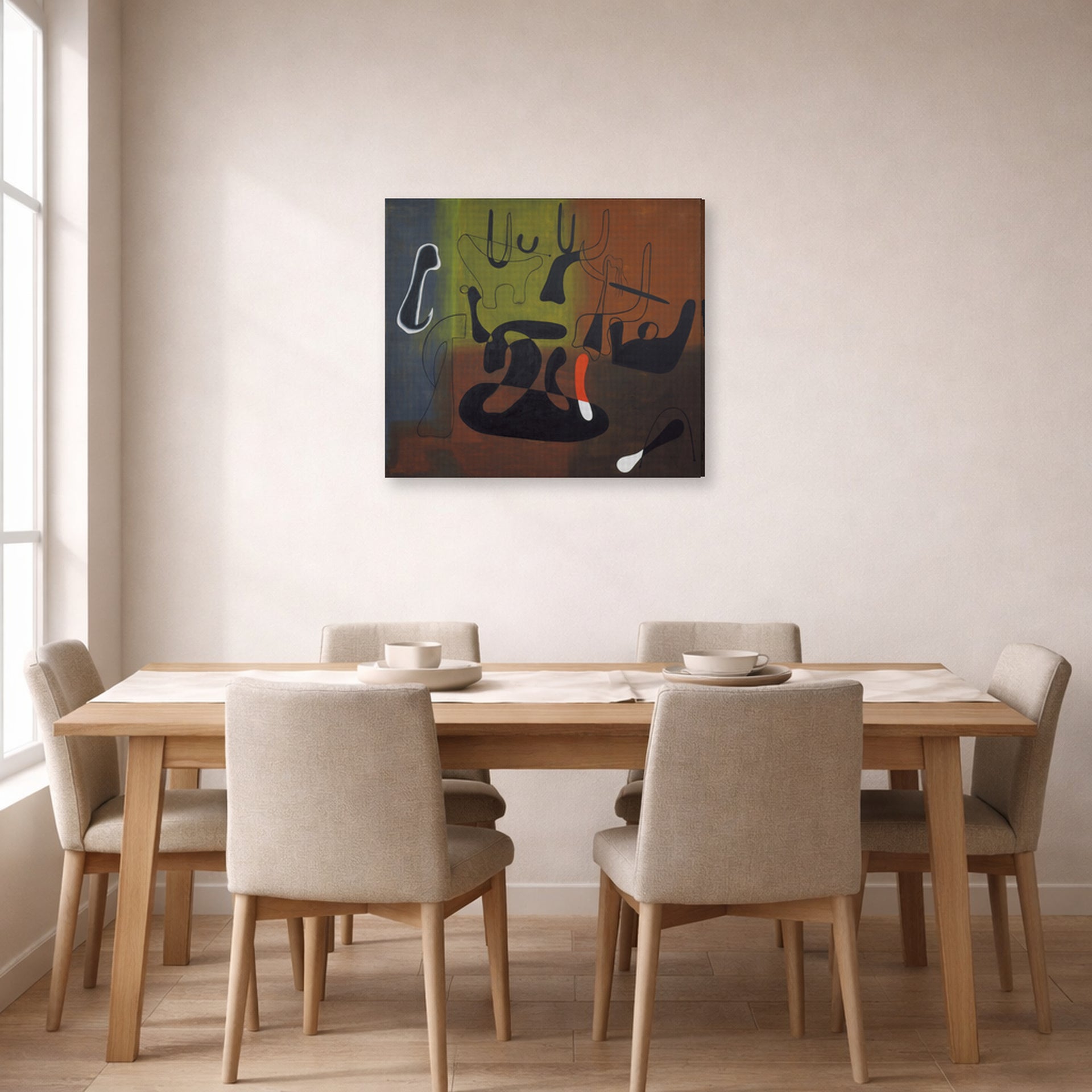 Gallery-wrapped canvas print of Joan Miró's 'Barcelona' displayed on a wall in a dining room