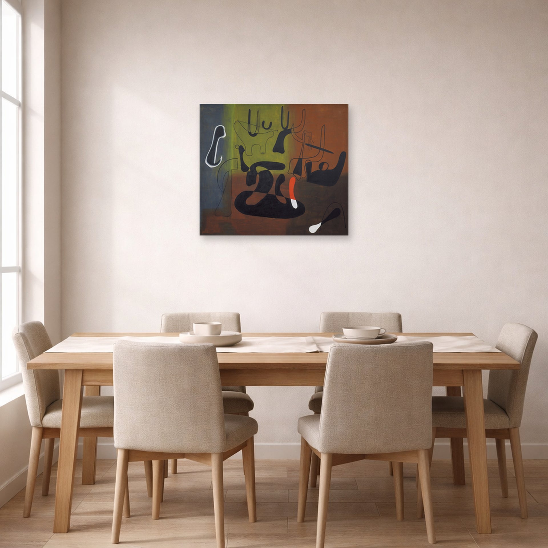 Unframed poster print of Joan Miró's 'Barcelona' displayed on a wall in a dining room