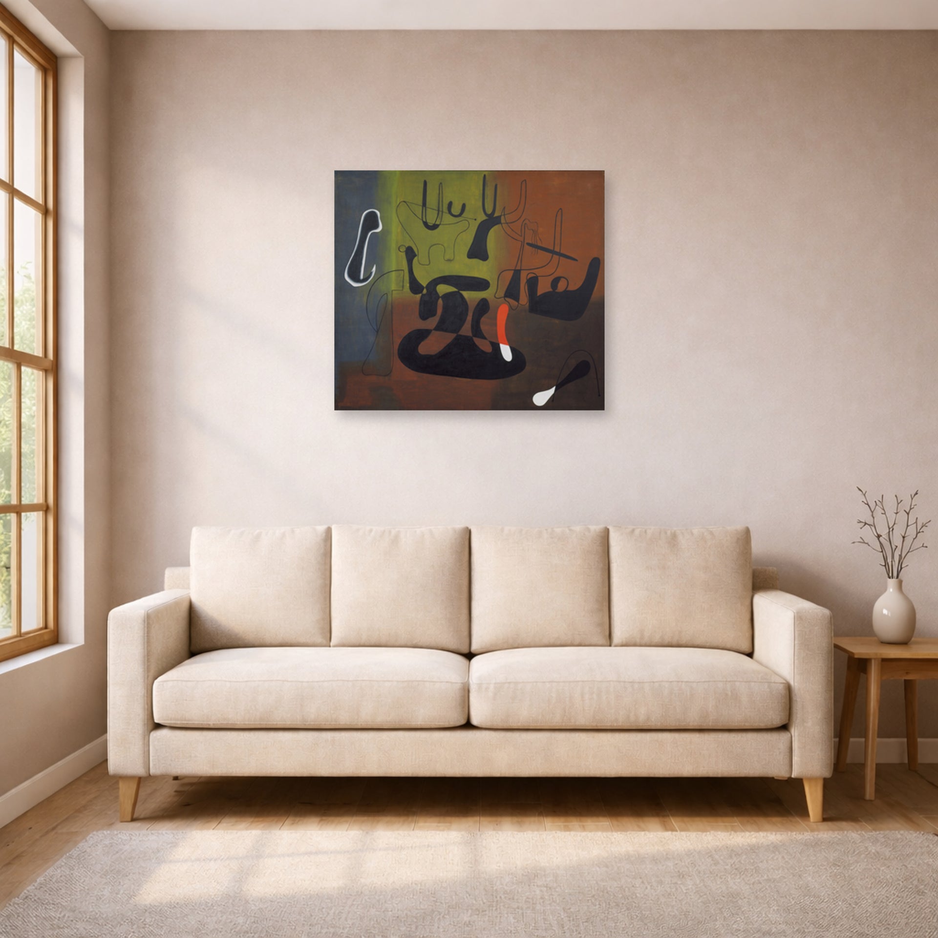 Unframed poster print of Joan Miró's 'Barcelona' displayed on a wall in a living room