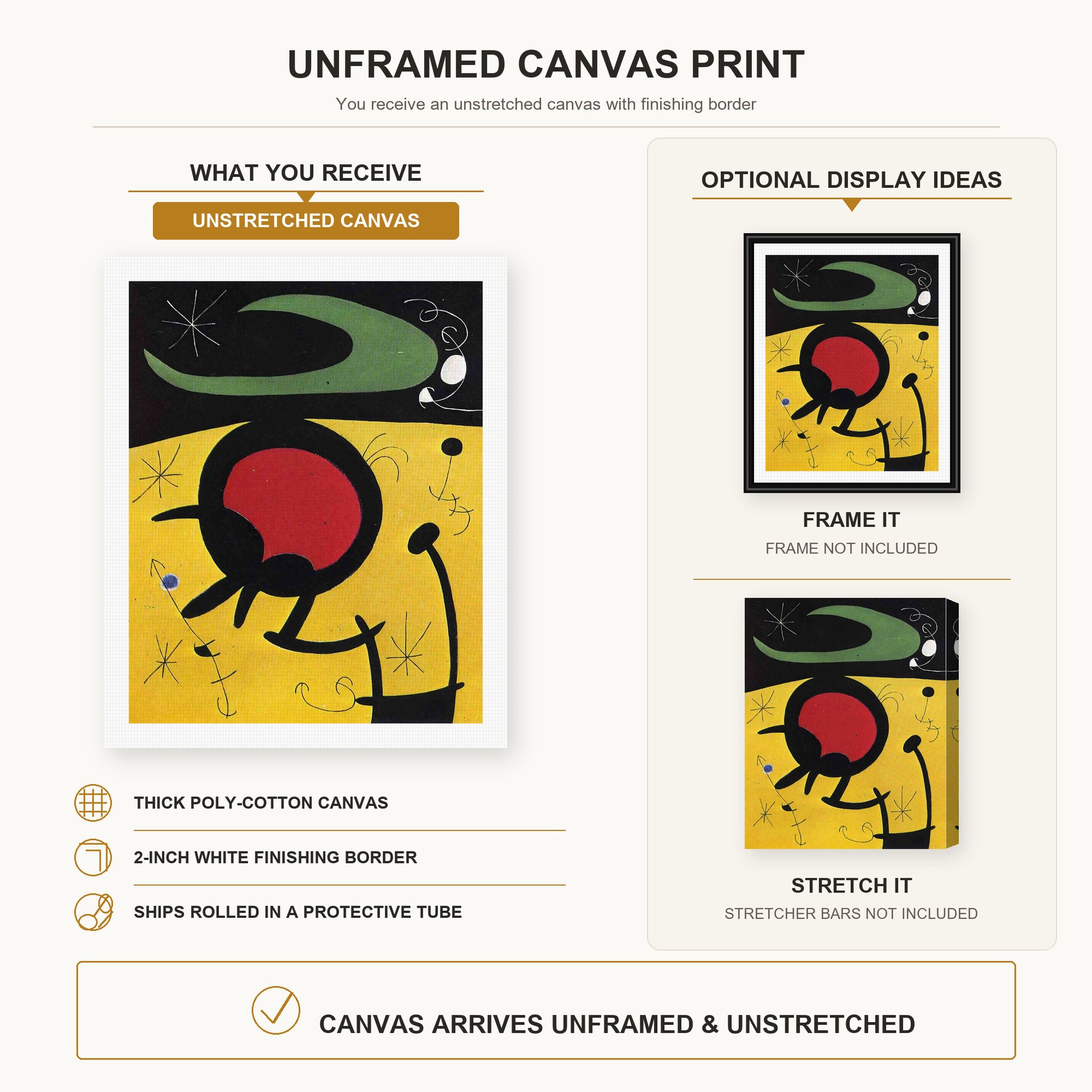 Joan Miró - Bird Flight canvas print size comparison and framing display infographic
