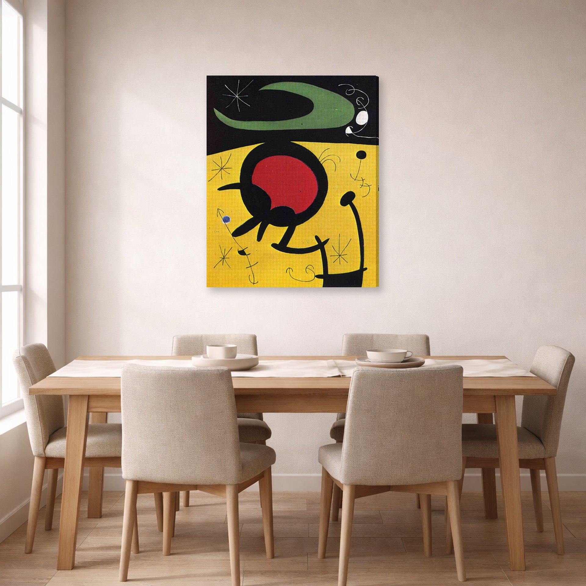 Gallery-wrapped canvas print of Joan Miró's 'Bird Flight' displayed on a wall in a dining room
