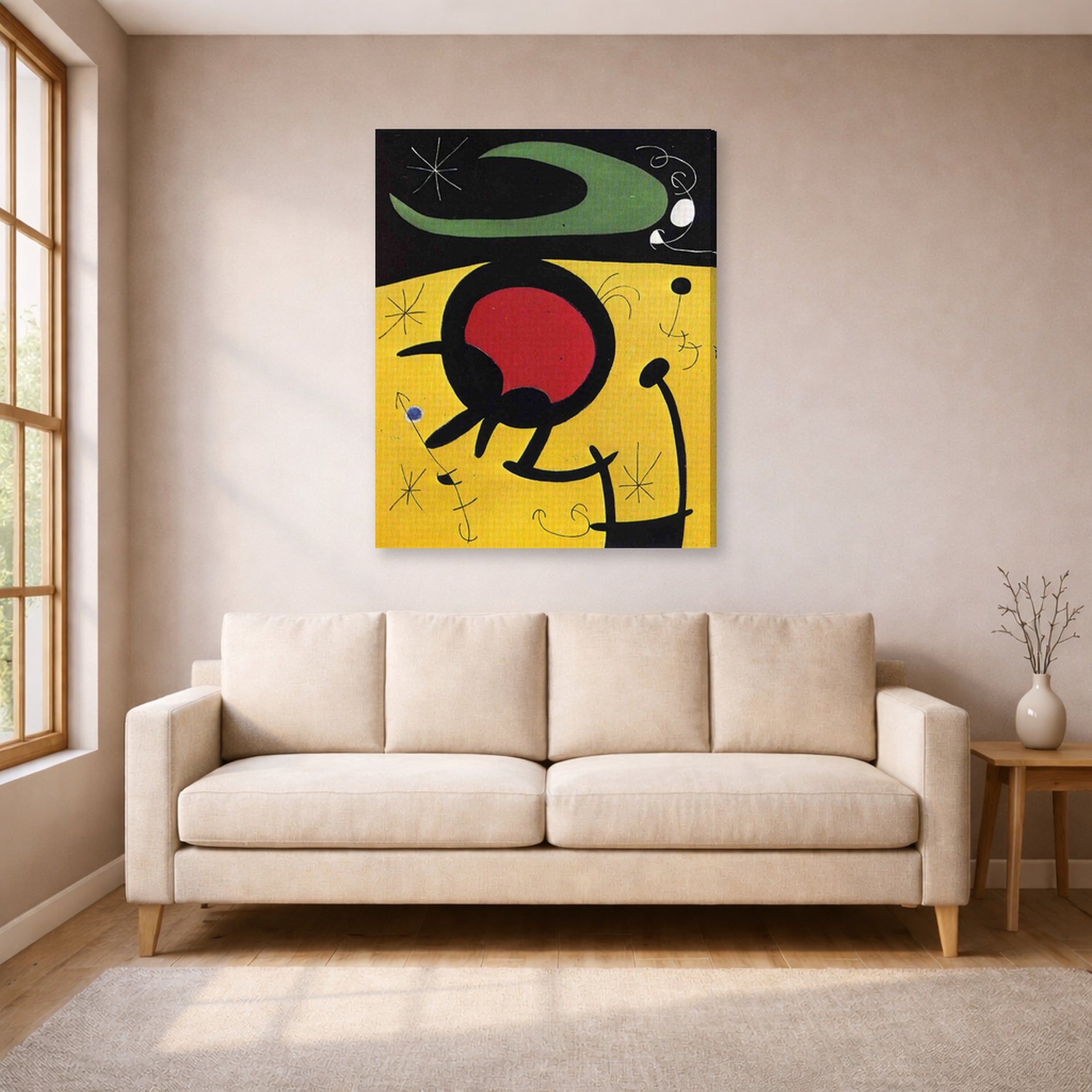Gallery-wrapped canvas print of Joan Miró's 'Bird Flight' displayed on a wall in a living room